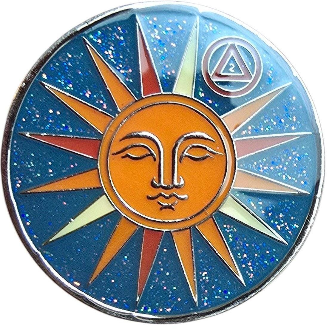 Sun and Moon: Two Year Sobriety Chip. One Day at a Time; 2 Years Sober Coin.