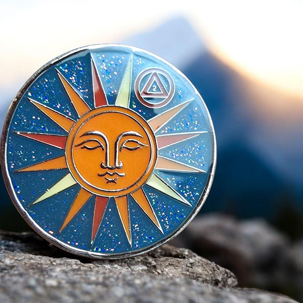 Sun and Moon: Two Year Sobriety Chip. One Day at a Time; 2 Years Sober Coin.